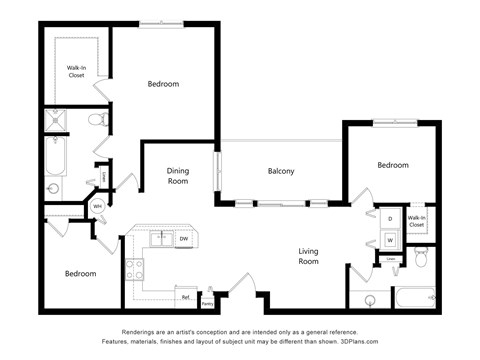 Floor plan for 3 beds, 2 baths, 1221 sqft